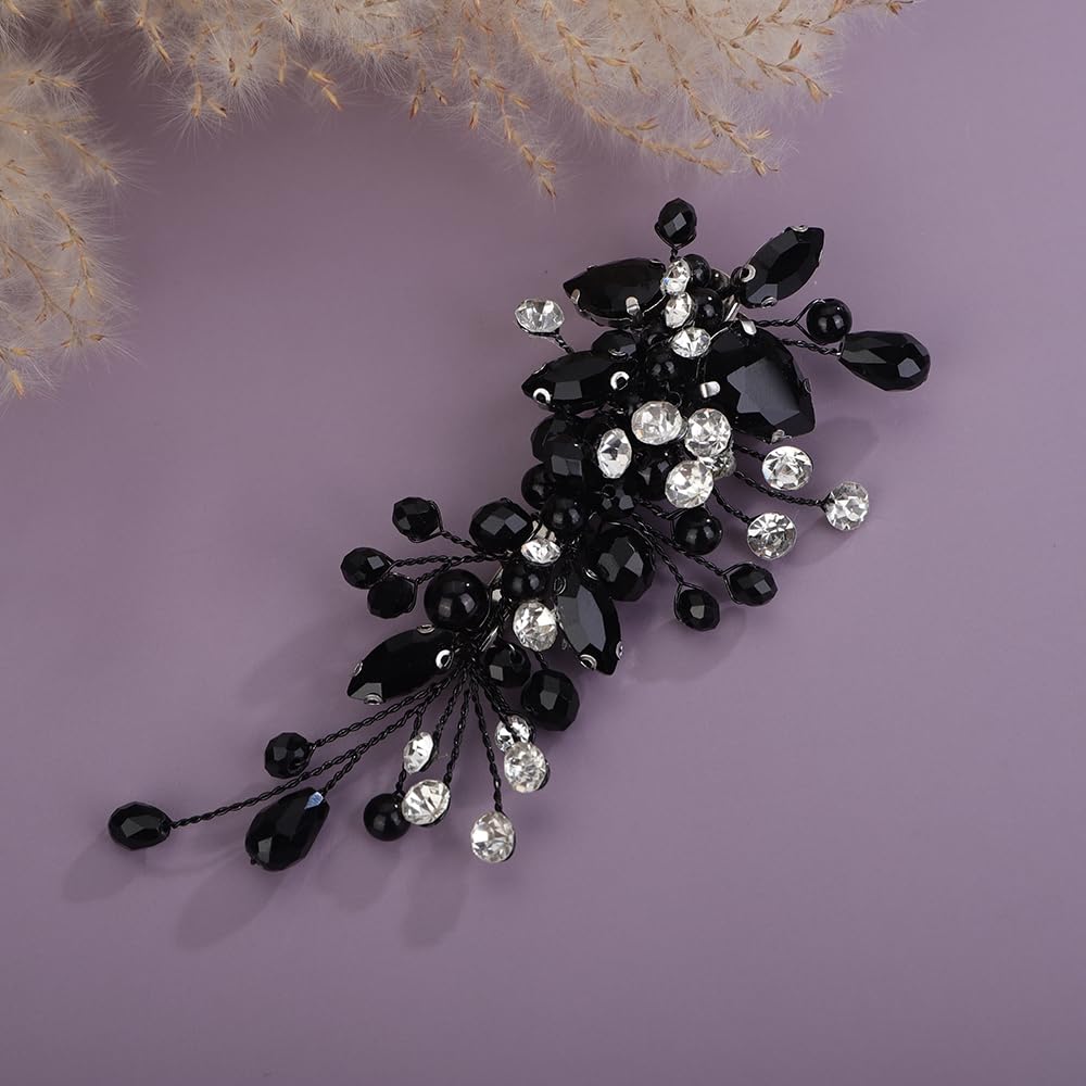 Teyglen Bridal Rhinestone Hair Clip Black Pearl Crystal Hair Barrette Sparkly Hair Piece Wedding Hair Clips Hair Accessories Jewelry for Women (Black) - Image 4