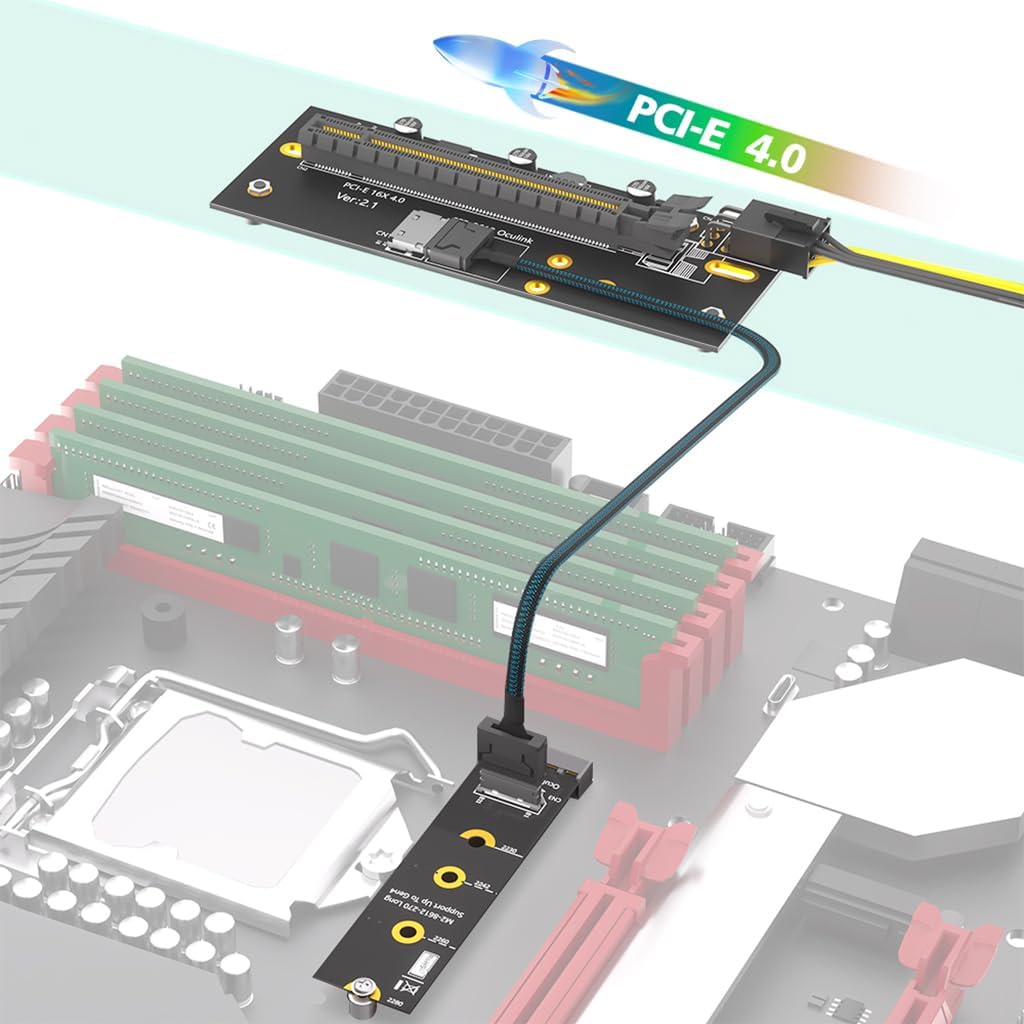 JMT M.2 M-Key 2280 to PCI-e 4.0 X16 Extension Card 32G/BPS with Oculink SFF-8612 Cable 50cm Compatible with M.2 NVMe 2230 2242 2260 2280 SSD