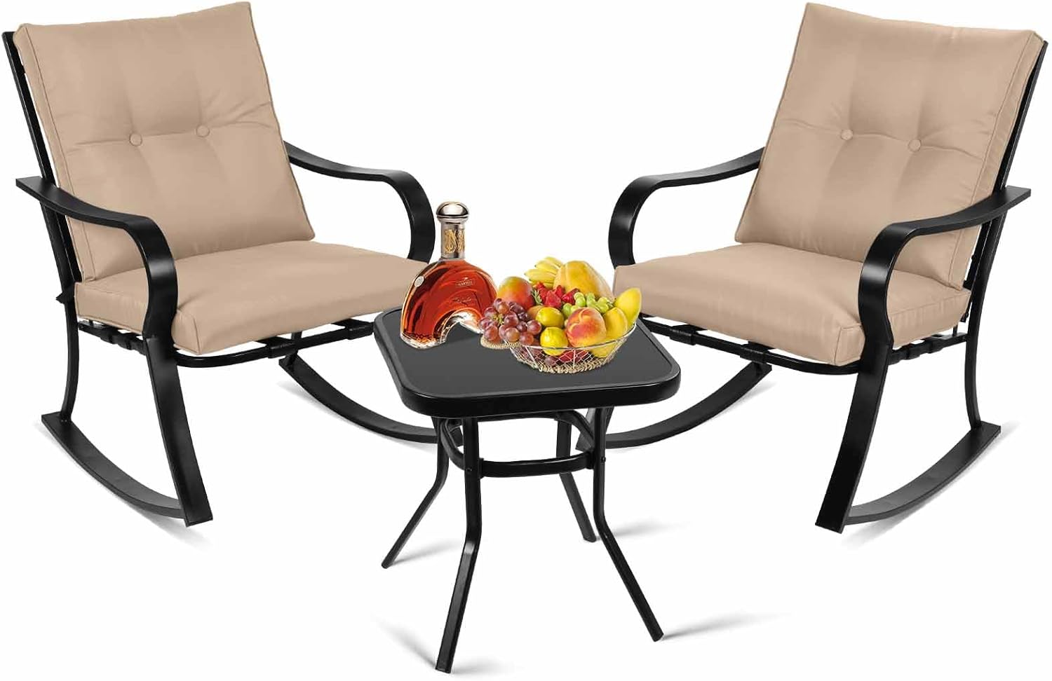3-Piece Outdoor Rocking Chairs Set, Patio Furniture Conversation Bistro Set, 2 Black Iron Chairs with Thick Cushions and Glass-Top Coffee Table (Beige)
