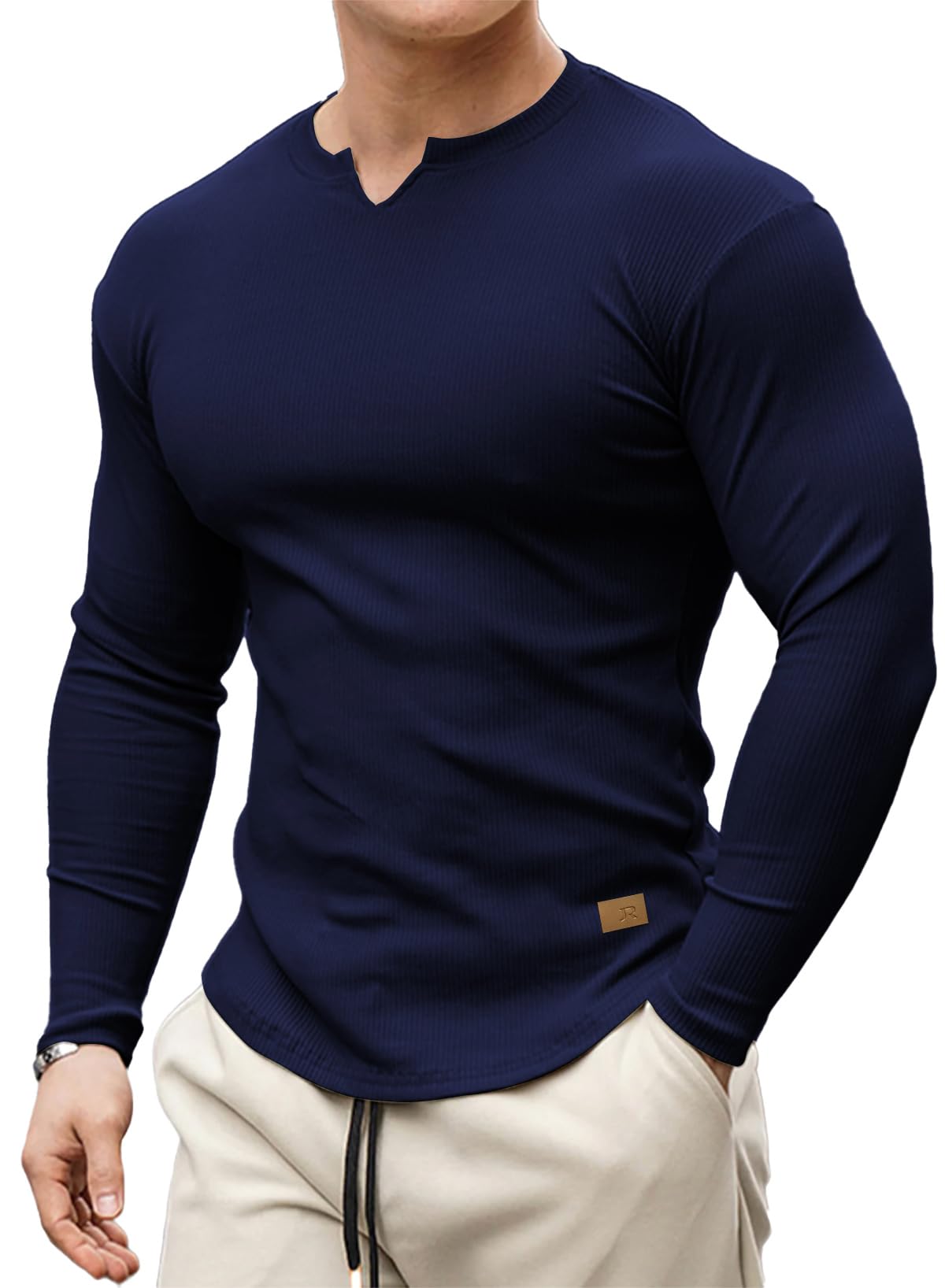 Mens T Shirt Henley Long Sleeve Men Casual Pullover V Neck Top Muscle Longline Ribbed Tee Shirt
