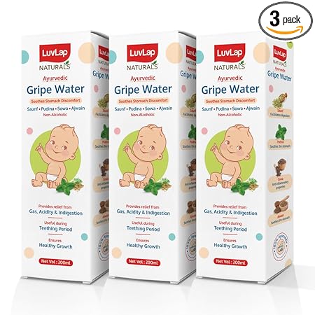 LuvLap Naturals 100% Ayurvedic Gripe Water 200ml (Pack of 3), formulated with Saunf, Pudina, Sowa & Ajwain