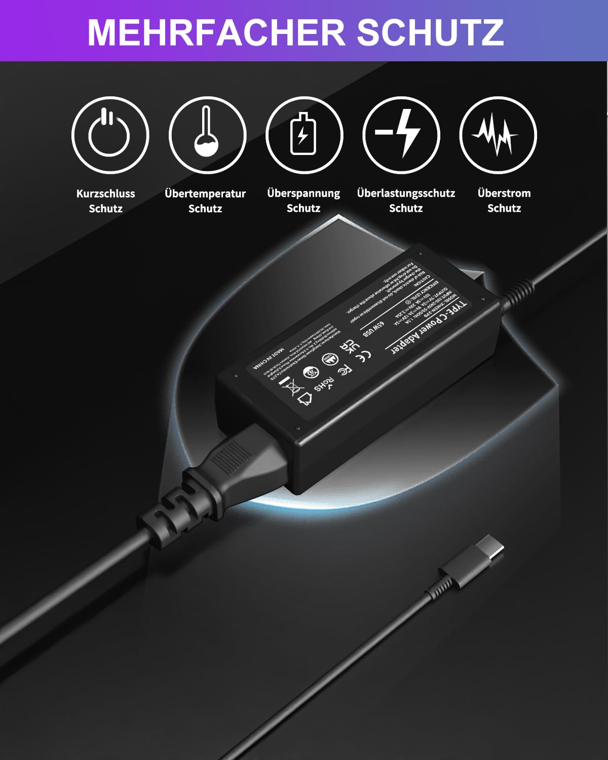 65W kabel ładujący USB C do laptopów Lenovo ThinkPad (T14/X1 Carbon), HP Spectr/EliteBook, Dell Latitude, Acer, Asus, Huawei, Samsung, Surface, MacBook, LG, Chromebook 45W ładowarka Type C