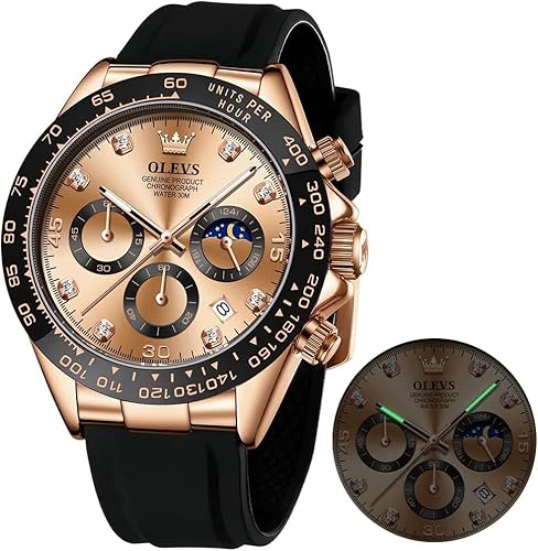 OLEVS Herrenuhr Business Luxus Diamond Moon Phase Männliche Uhr Chronograph Roségold Zifferblatt Mode Kleid wasserdichte Datum Analoge wasserdichte Männer Armbanduhr