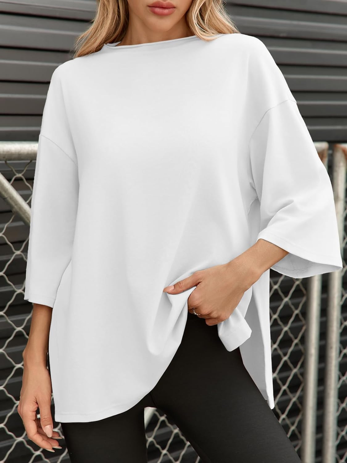 Fisoew Womens Oversized T Shirts Casual 3/4 Sleeve Side Slit Workout Gym Loose Fit Summer Tee Tunic Tops - Image 2