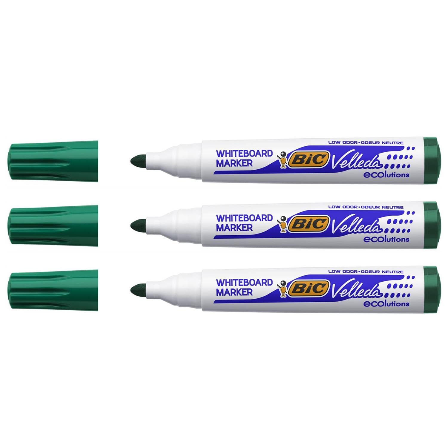 VELLEDA 1701 ECOLUTION - Lote de 3 rotuladores de pizarra blanca borrable en seco con punta ovalada grande, color verde