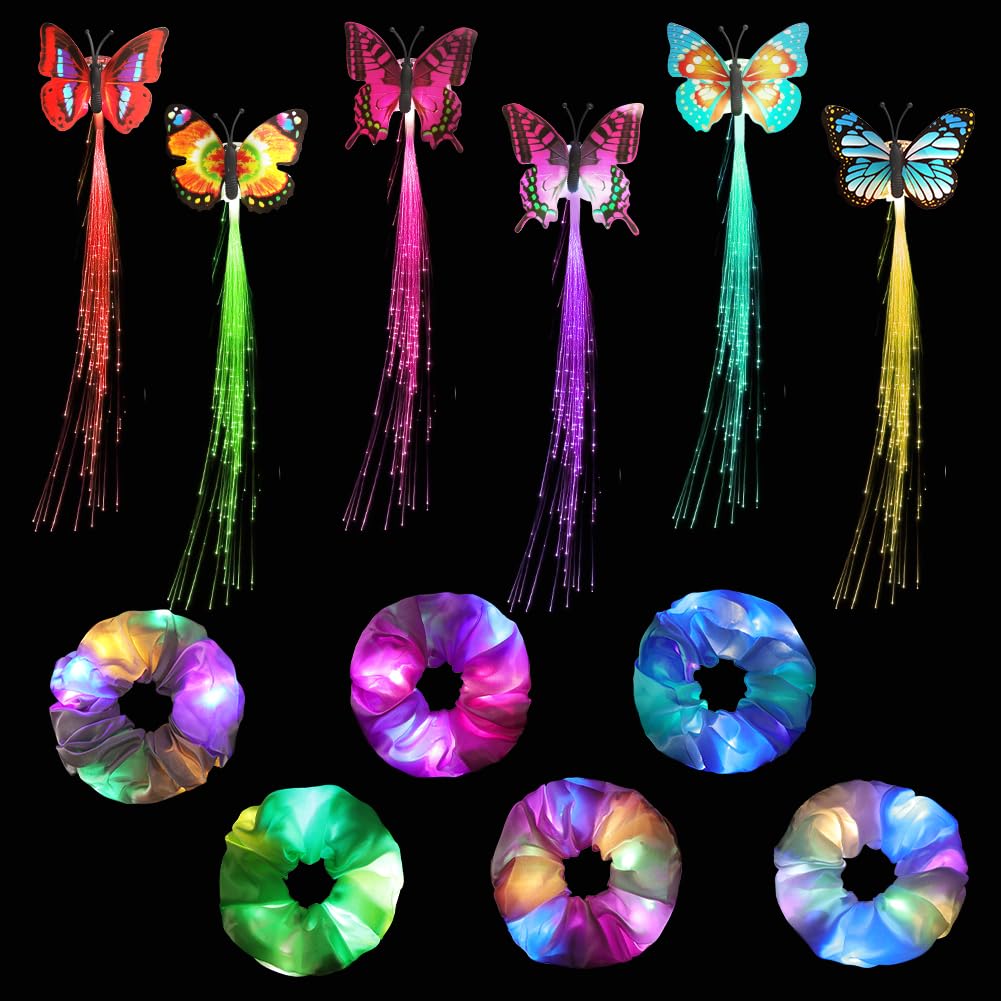 URAQT LED Light Up Elastic Hair Bands,6PCS Luminous Hair Ties,6PCS Butterfly Flashing Fiber Optic Hairs Braid with Clips,Light up Hairs Accessories for Halloween Rave Glow Party