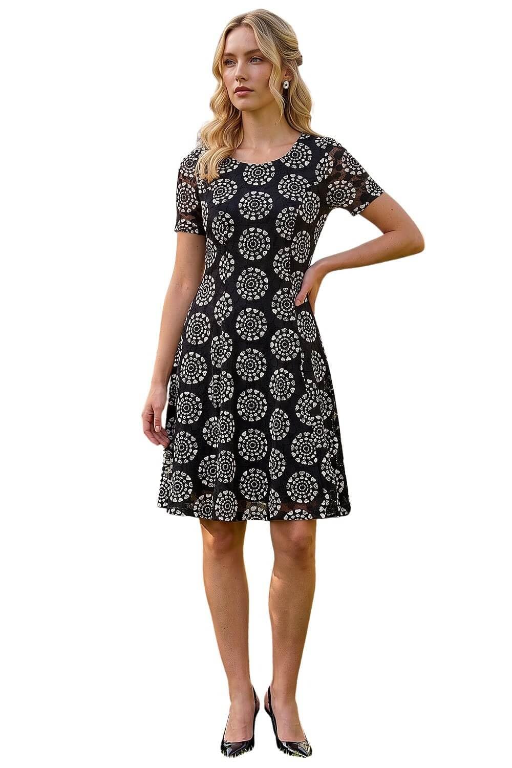Roman Originals Rose Print Lace Stretch Dress for Women UK - Ladies Everyday Autumn Winter Scooped Neckline Comfy Soft Evening Vacation Work Party Night Out - Heart Circle Black - Size 16