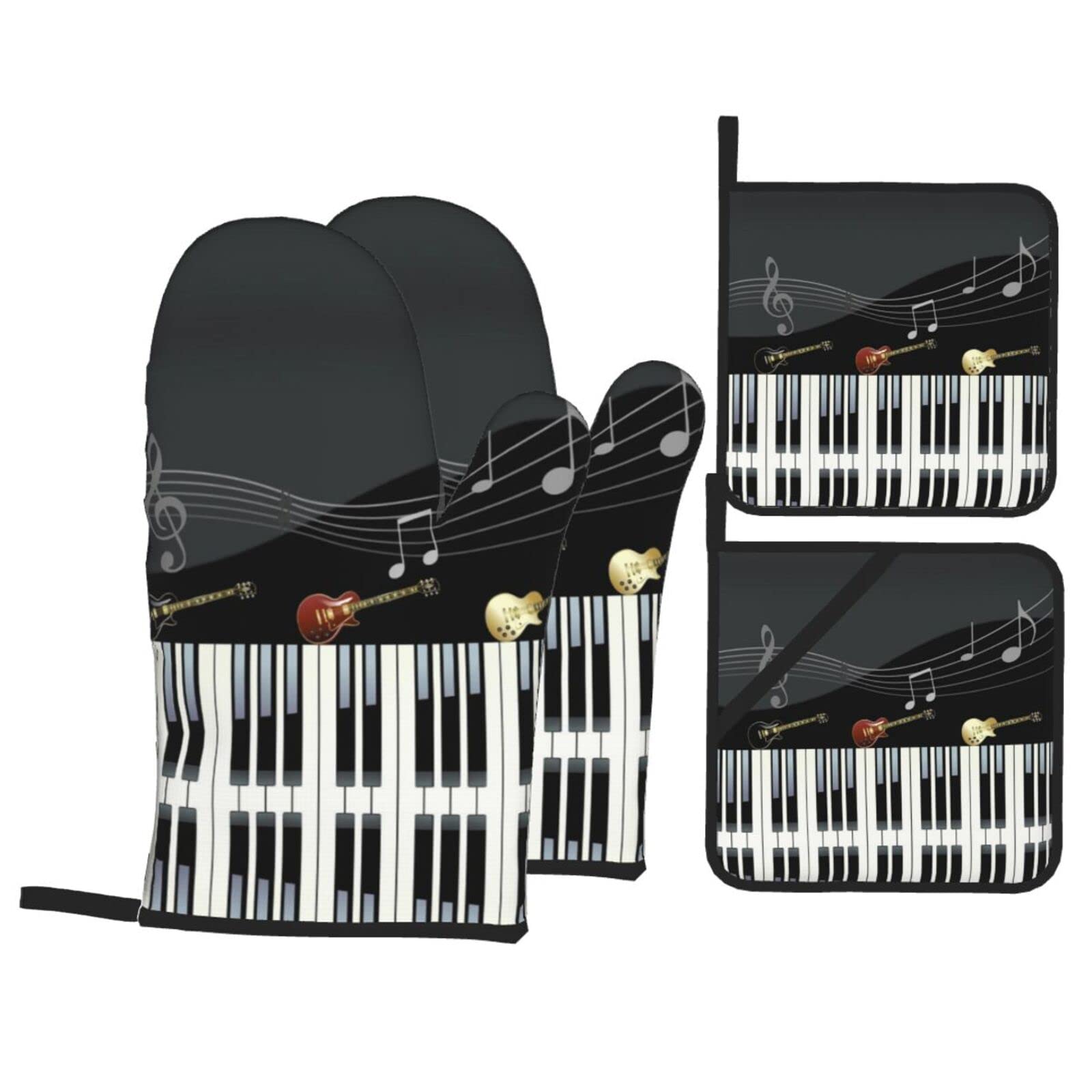 Guitar Piano Pattern Oven Mitt and Pot Holder 4-Piece Set for Kitchen, Outdoor Grill, Baking
