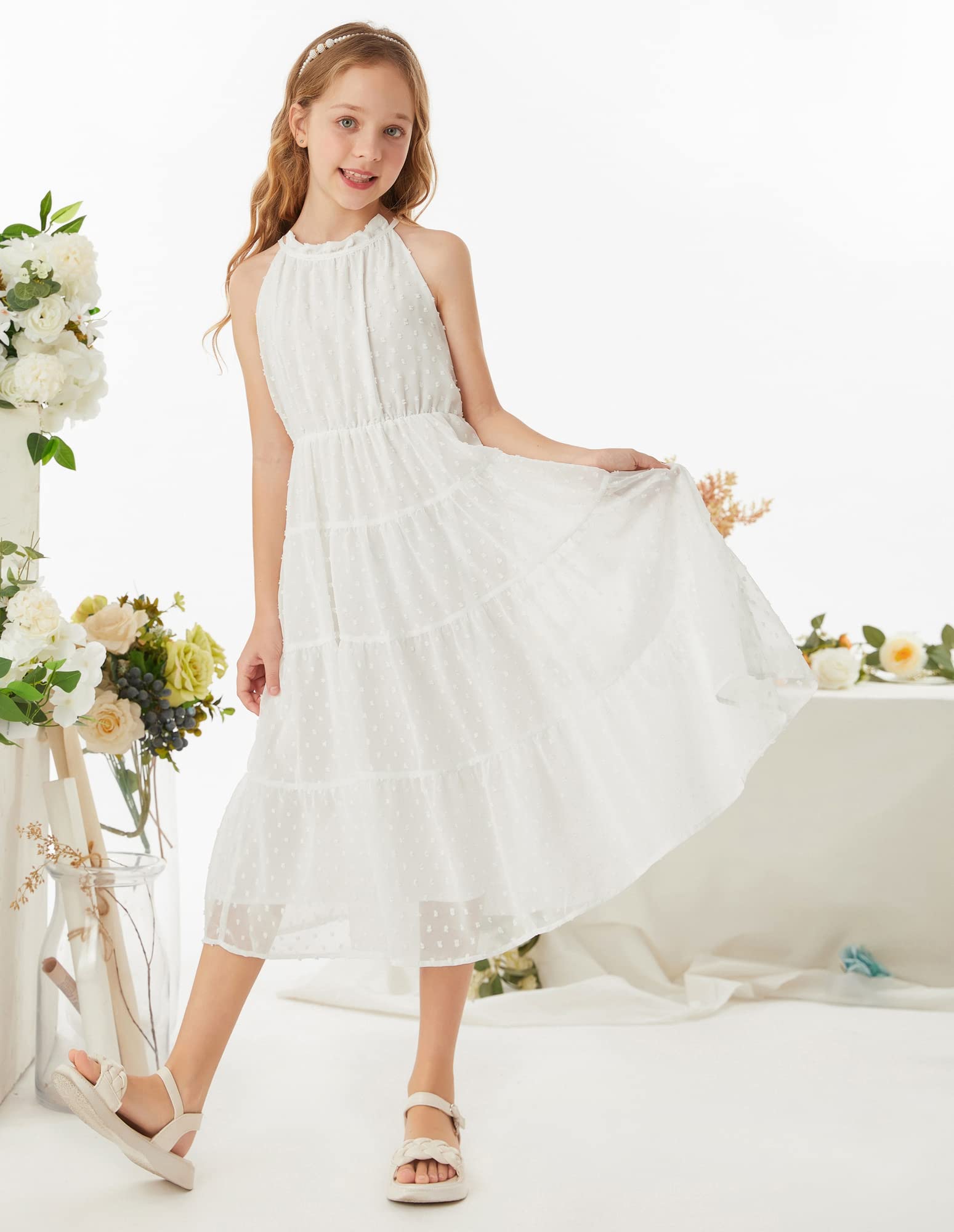 GRACE KARIN Robe Princesse Habillée pour Filles A-Line sans Manches Swiss Point avec Ceinture
