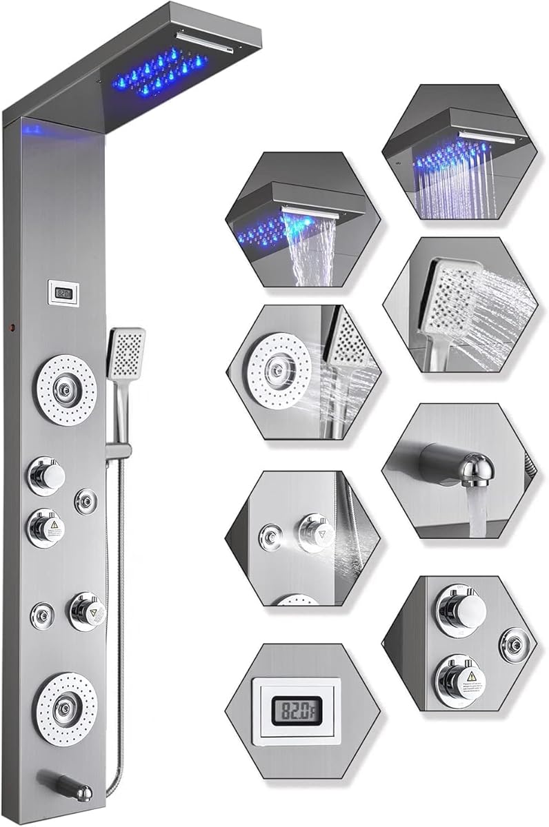 ELLO&ALLO Stainless Steel Shower Panel Tower System,LED Rainfall Waterfall Shower Head 6-Function Faucet Rain Massage System with Body Jets, Brushed Nickel