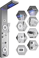 ELLO&ALLO Stainless Steel Shower Panel Tower: LED Rainfall Waterfall Head, 6-Function Massage with Body Jets, Brushed Nickel