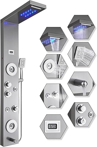 ELLO&ALLO Stainless Steel Shower Panel Tower System,LED Rainfall Waterfall Shower