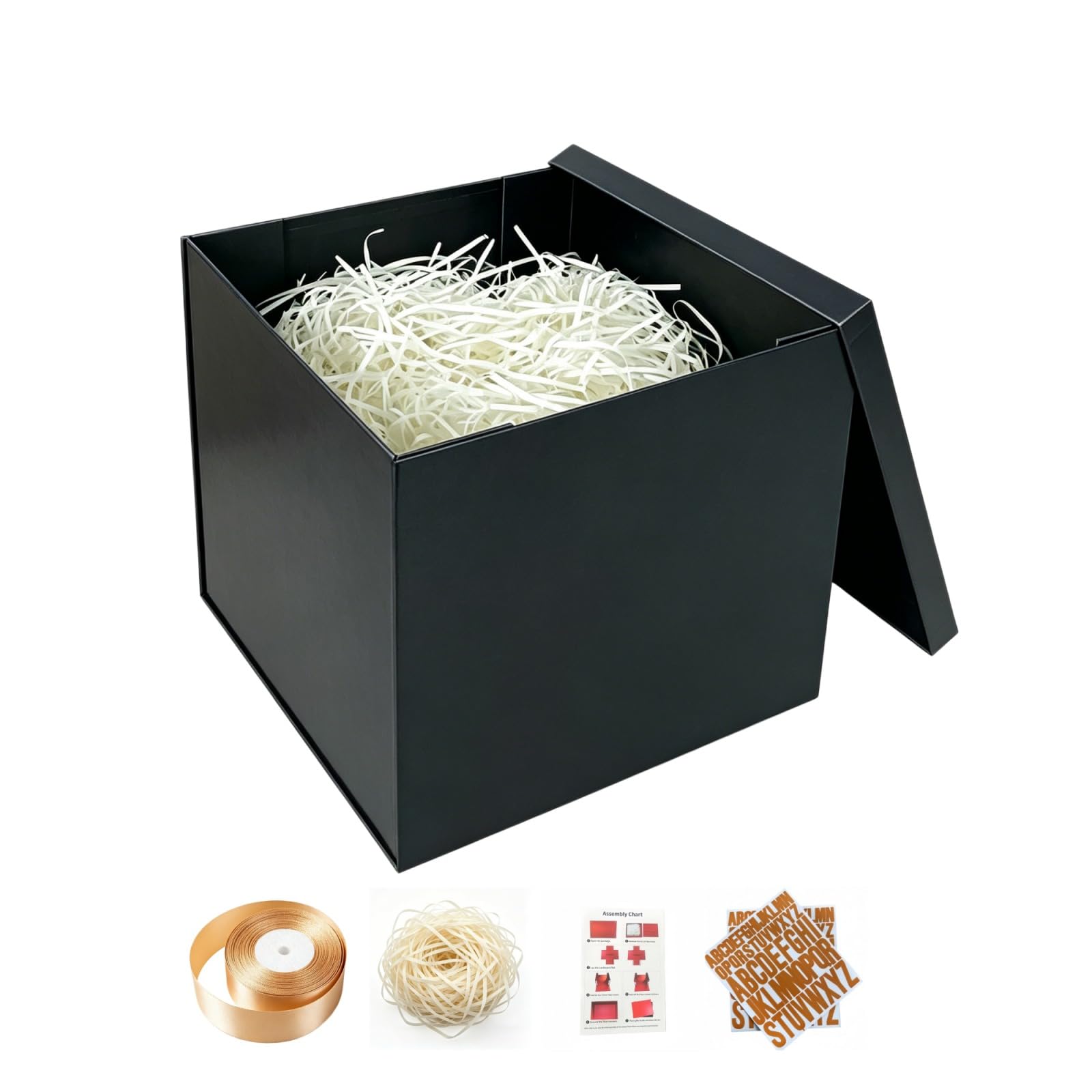 PACKGILO Confezione regalo nera, 25 x 25 x 20 cm, confezione da 2 scatole regalo con coperchio per regali, scatole di compleanno, scatole di lusso con carta increspata, nastro, adesivi con alfabeto