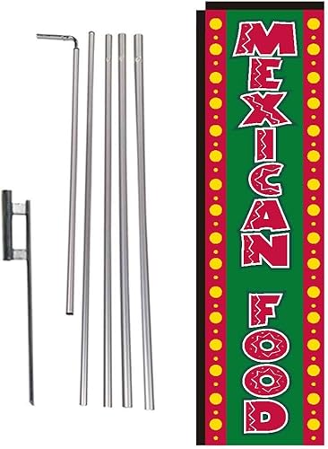 Cartel rectangular de bandera con plumas de comida mexicana con kit de poste de 15 pies y punta de tierra, perfecto para restaurantes al aire libre
