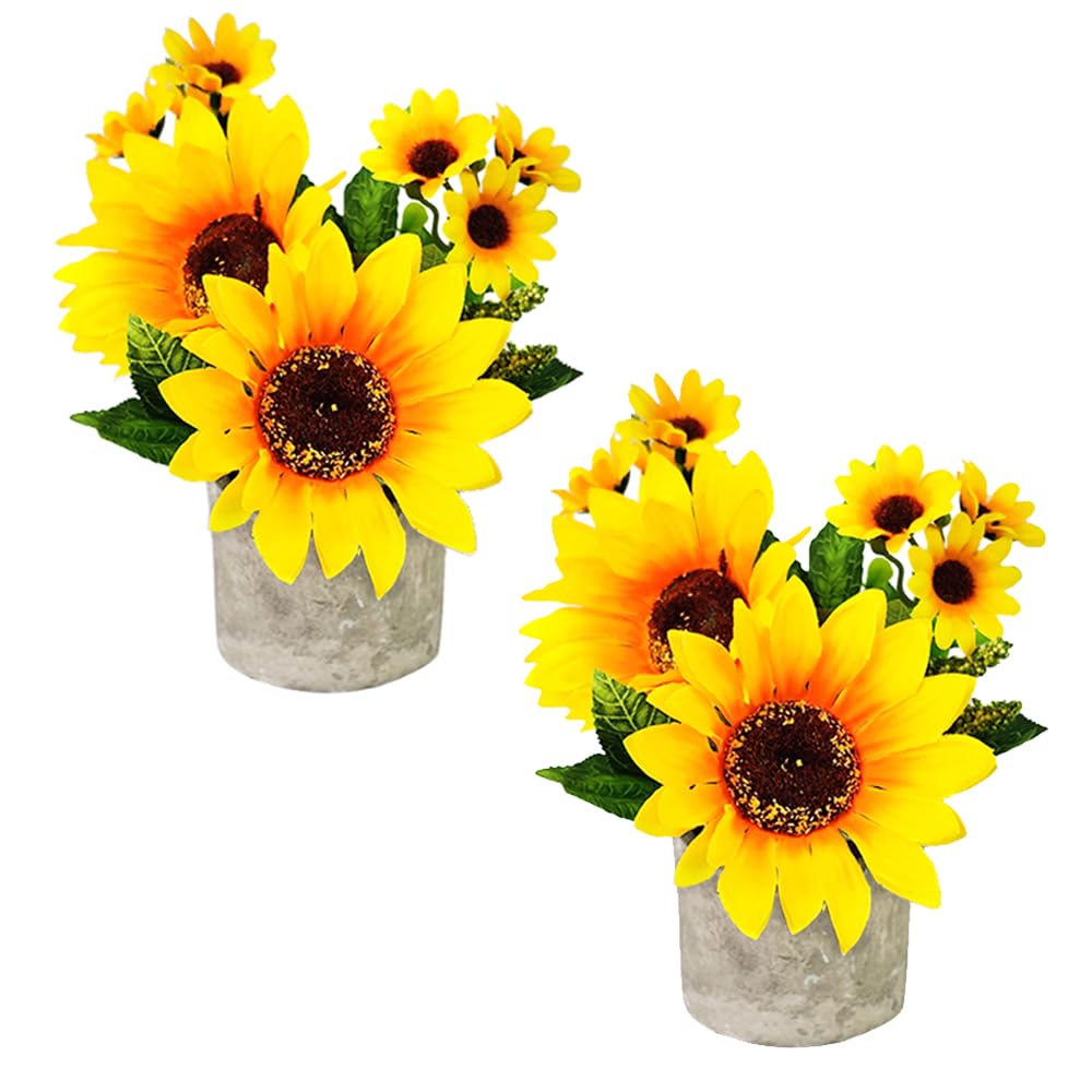 Artificial Potted Sunflower 2 Pack - Lifelike Faux Sunflower Plants in Pots for Home Decor, Kitchen Shelf, Table Bookshelf, Bathroom,Farmhouse