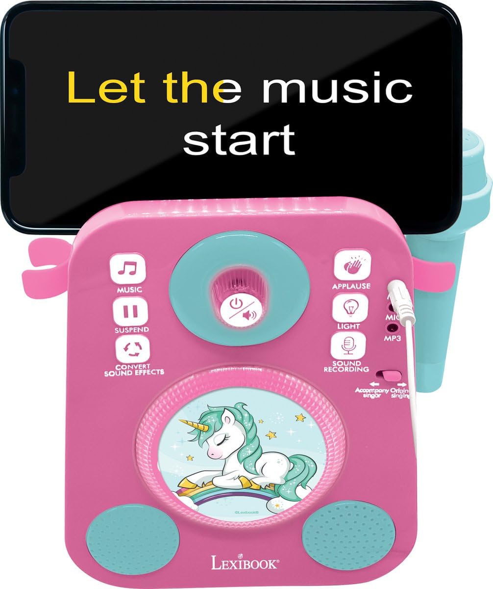 Lexibook, Unicorno, Altoparlante musicale con 2 microfoni, canzoni dimostrative, spina MP3, rosa/blu, K140UNI