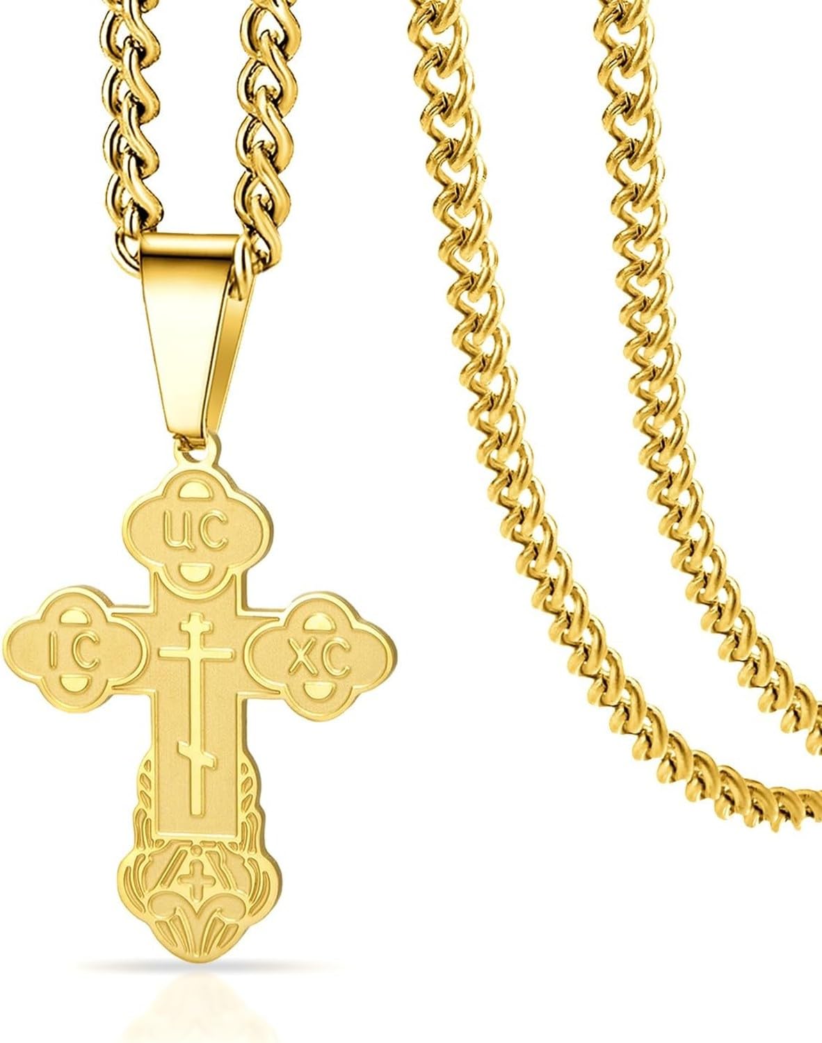 HURUMA Stainless Steel Eastern Orthodox Cross Crucifix Pendant Necklace for Men Women Jesus Byzantine Religious Pendant Christian Catholic Jewelry Gift, Gold