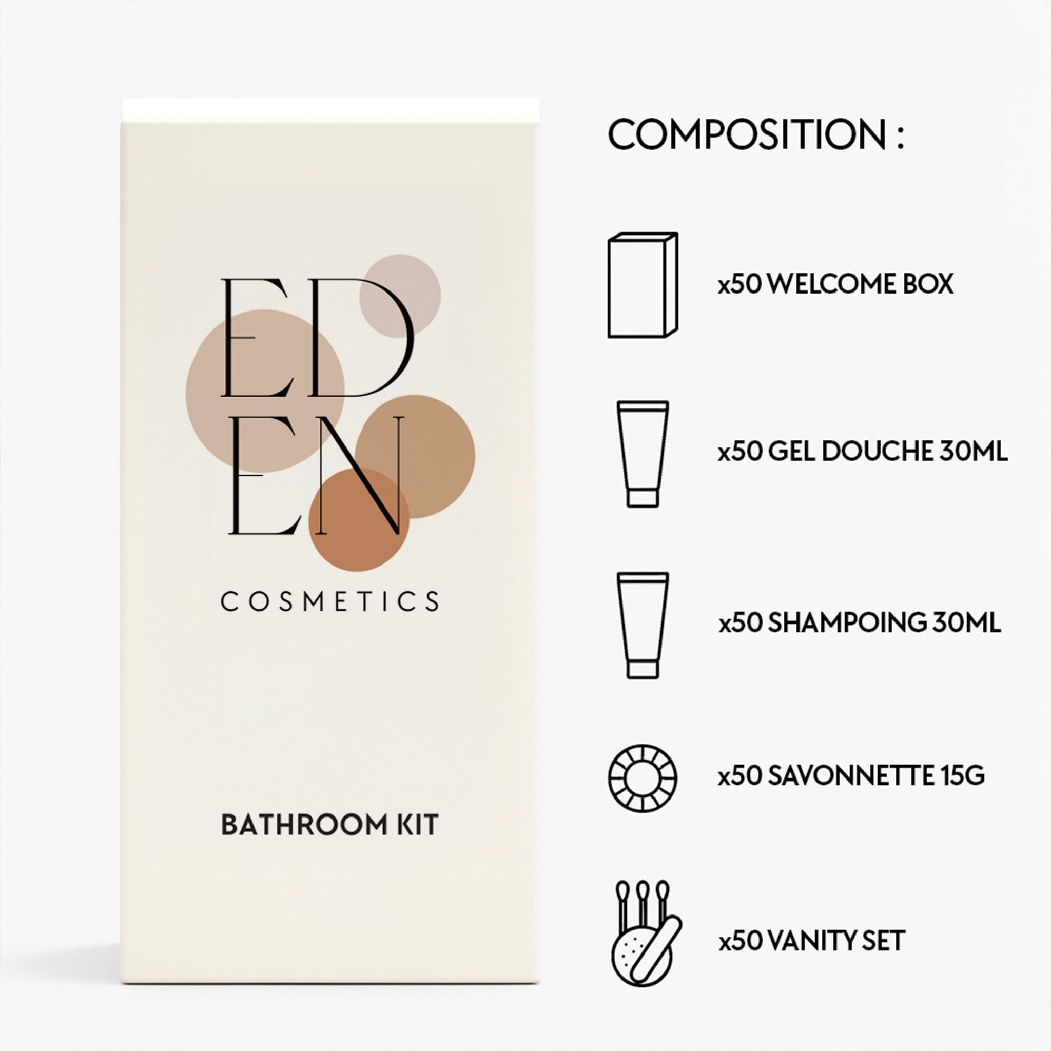 Kit d'accueil pour Salle de Bain | Idéal pour Locations Airbnb & Hôtels | Cosmetique Parfumé | Lot de 50 Kits Complets et Prêts à l'emploi | Produit d'accueil
