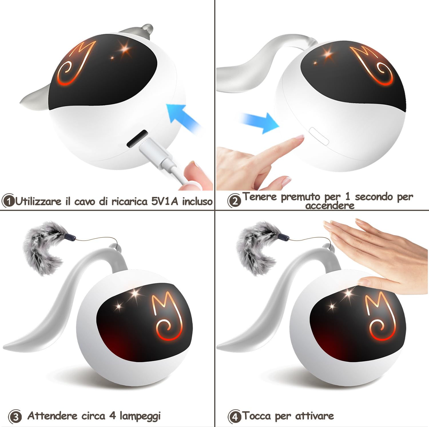 Migipaws Set di giocattoli per gatti, con palline che si muovono automaticamente, topi classici + piume, giocattoli per gattini in confezione, fai da te N in 1 animali domestici, giocattolo elettrico
