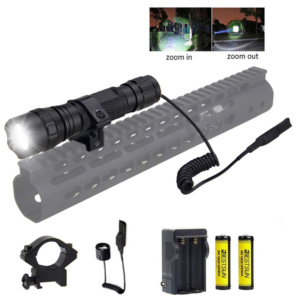 BESTSUN Tactical Flashlight, 2000 Lumen Zoomable Hunting Flashlight Waterproof LED Torch with Pressure Switch, Picatinny Mount, Rechargeable Batteries and Charger