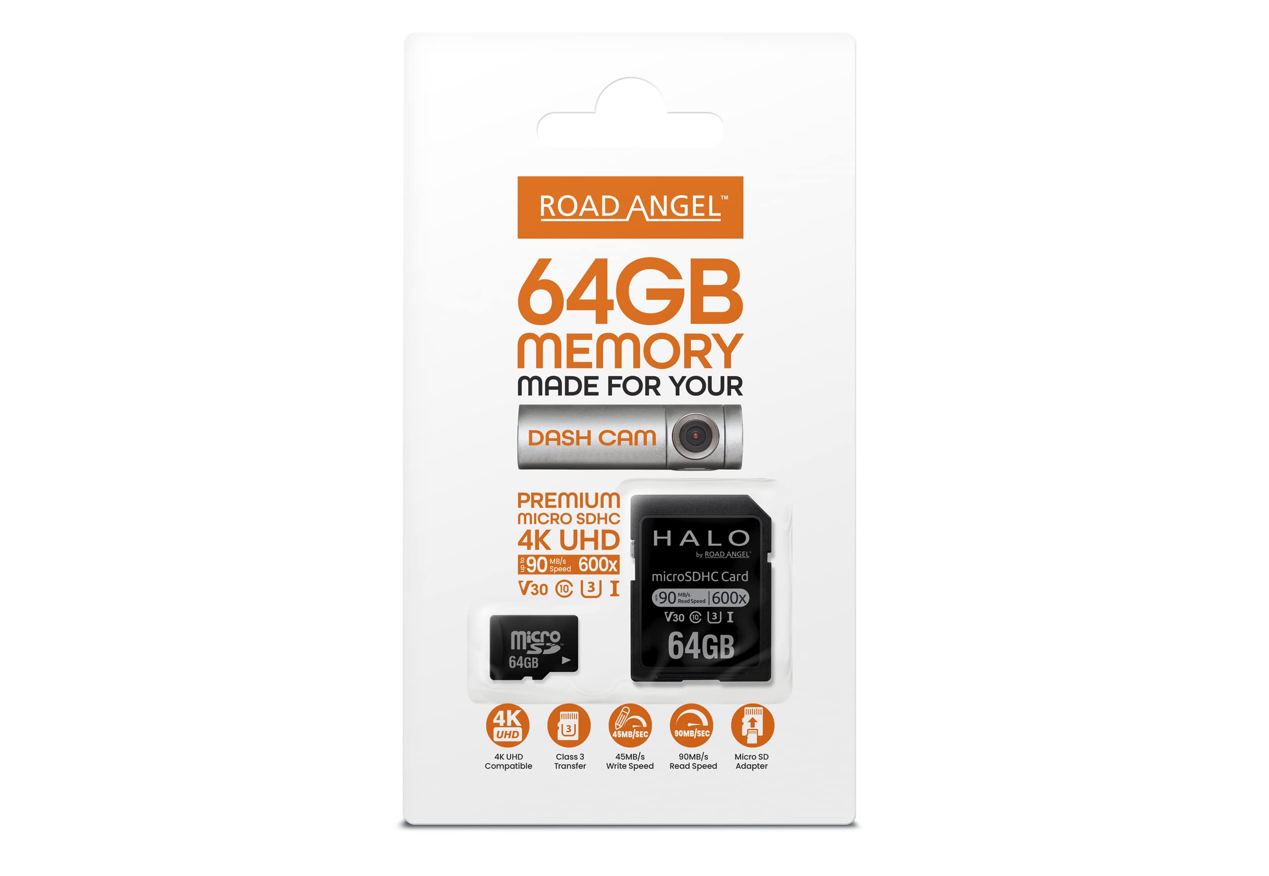 Road Angel, karta SD 64 GB, przeznaczona do kamer pokładowych, odpowiednia do wszystkich typów smartfonów i urządzeń elektronicznych, transfer klasy 3, adapter Micro SD - czarny