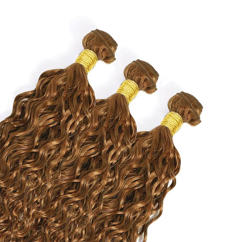 Color #30 Light Brown Human Hair Bundles Water Wave 20 22 24 Inch Curly Bundles Human Hair Unprocessed Native Virgin Hair 100/PC 3 Extensions Deep Wet and Wavy Human Hair Extensions for Women