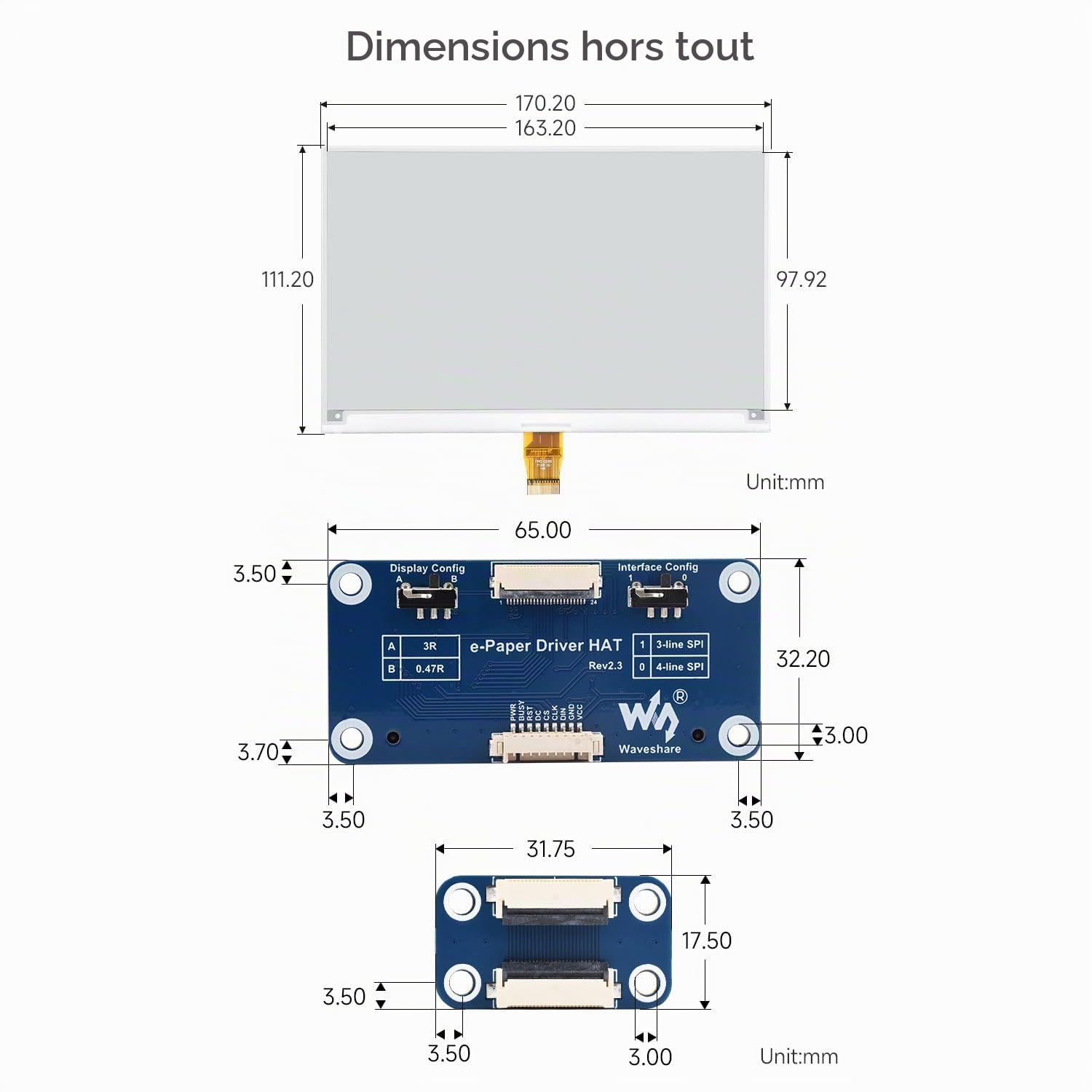 Waveshare 7.5inch E-Paper Hat Display Module, 800x480 Resolution, Supports Black/White 2 Colors, Compatible with Jetson Nano/Raspberry Pi 4B/3B+/3A+/3B/2B/1B+/1A+/Zero 2 W/Zero W/Zero