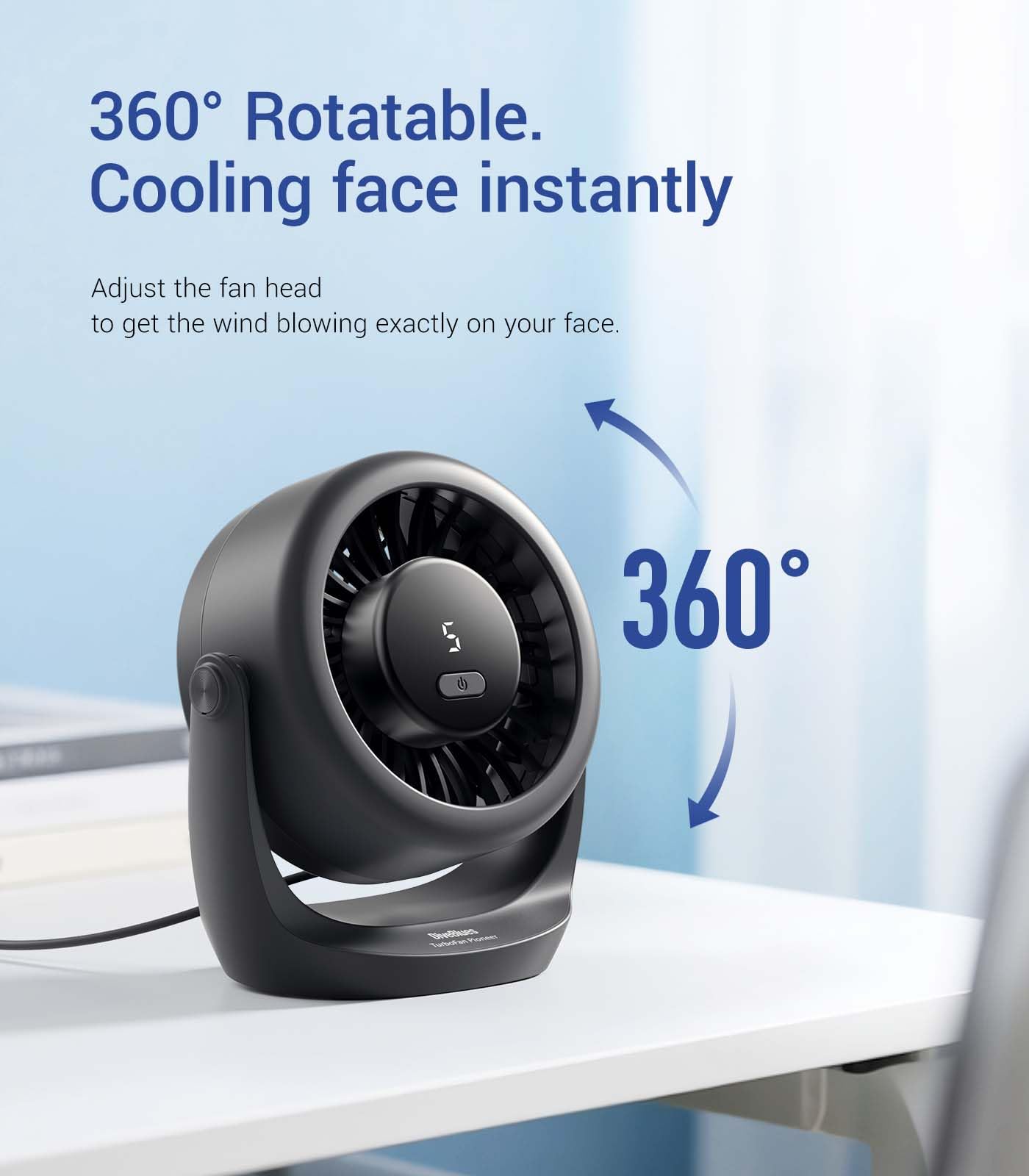 Diveblues Ventilatore da Scrivania USB, Mini Ventilatore Ultra Silenzioso, Potente, Display LED, 5 Velocità, Rotazione 360°, Portatile per Casa, Ufficio & Esterno – TurboBreeze