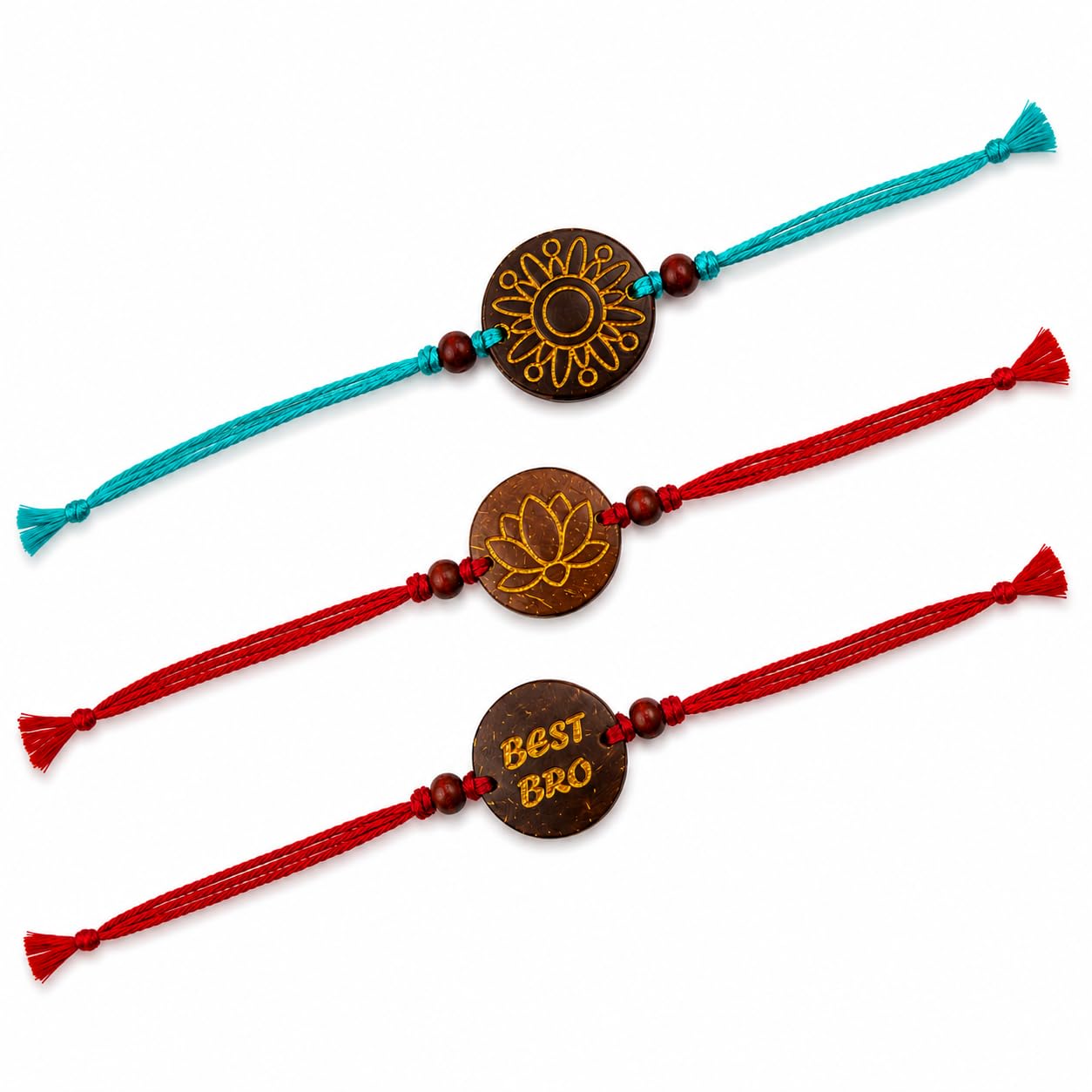 Coconut shell Rakhi for Brother | Handmade and Eco-friendly Rakhis| Traditional Rakhsa Bandhan Gift| Pack of 3 Rakhis-image-2