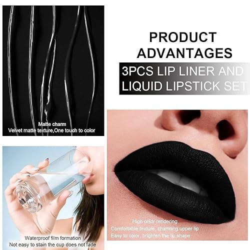 Miniatura 5 de evpct Juego de 3 delineadores de labios color azul oscuro, negro y morado mate, lápiz labial líquido, brillo de labios, a prueba de manchas, 24