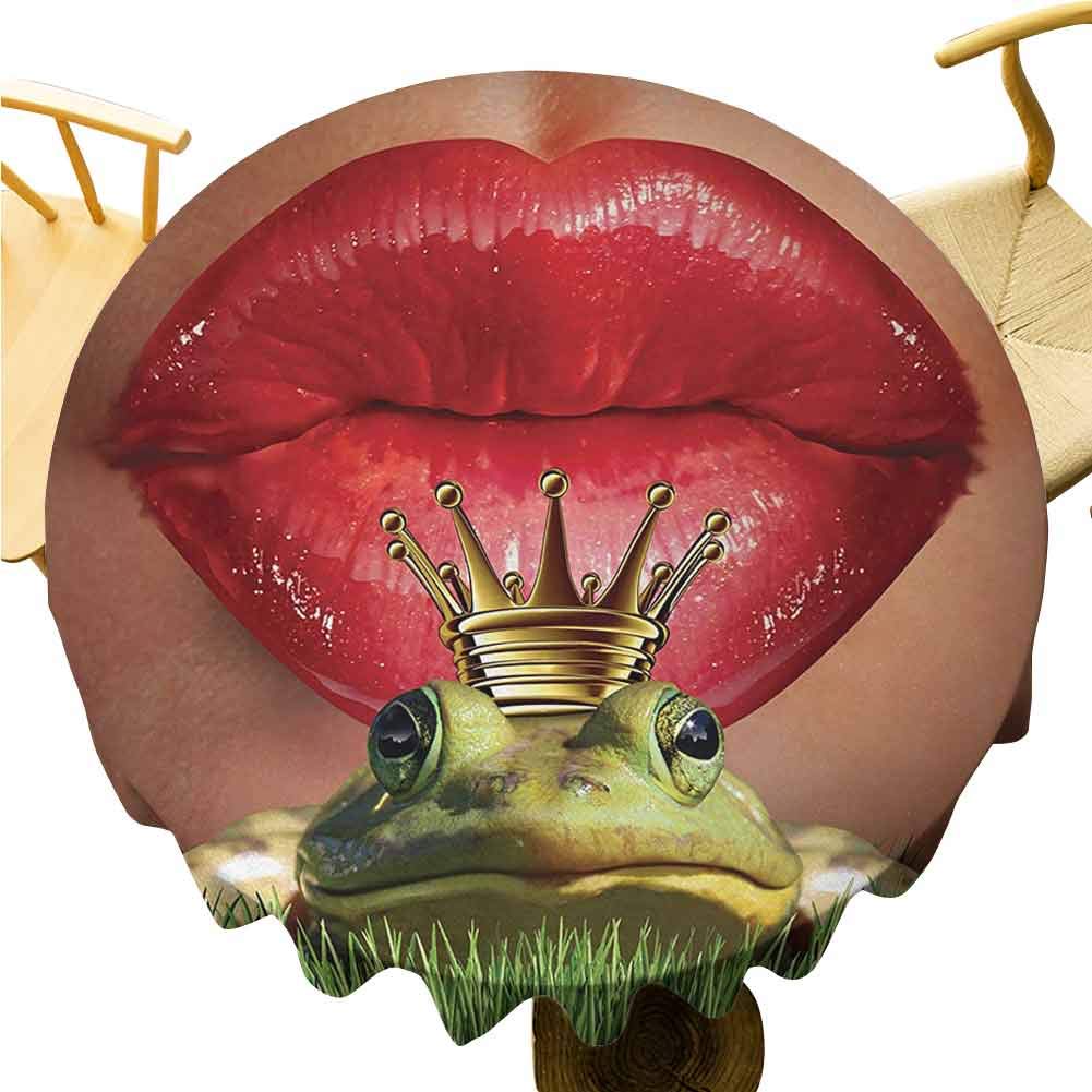 UETECH Garden Round Tablecloth Animal Lady Finds Her Frog Prince Soul Mate in Love Valentines Romance Fairy Tale Art Green Red Yellow Diameter 70"