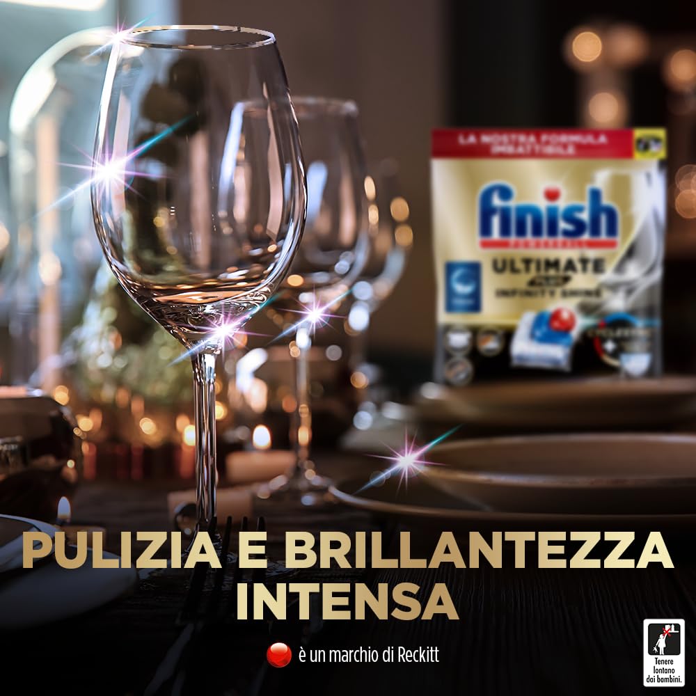 Finish Ultimate PLUS Infinity Shine Pastiglie Lavastoviglie, 73 Capsule Lavastoviglie, Pastiglie per Lavastoviglie con Scudo Protettivo contro lo Sporco e i Residui Incrostati