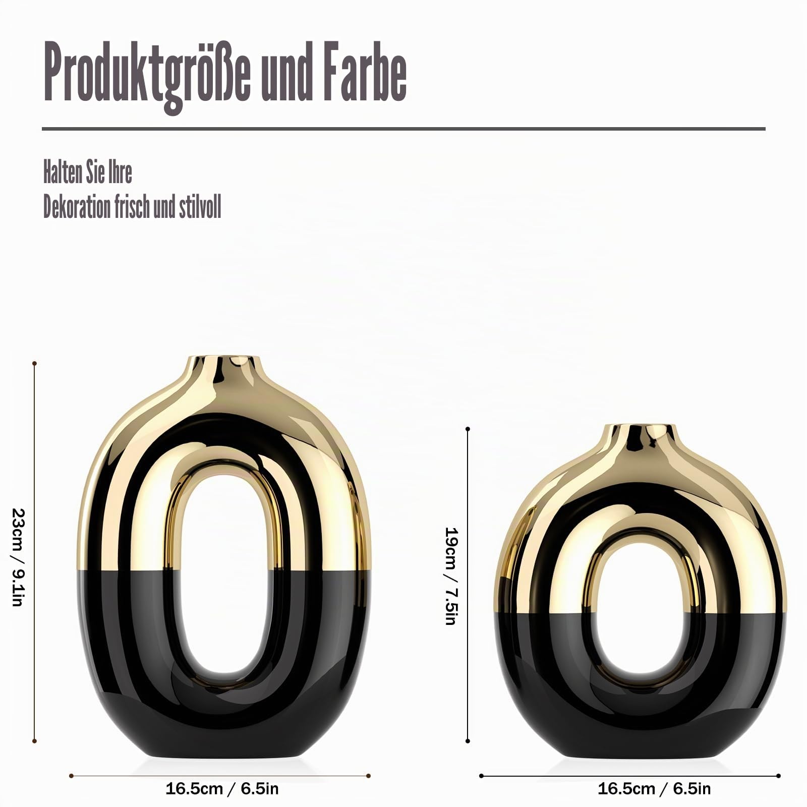 Keramikvasen-Set in Schwarz und Gold, runde Donut-Vase für Pampasgras für Regaldekoration, Zuhause, nordische Moderne ovale Vase für Bücherregal, Kaminsims, Tafelaufsätze, Bauernhaus, rustikale