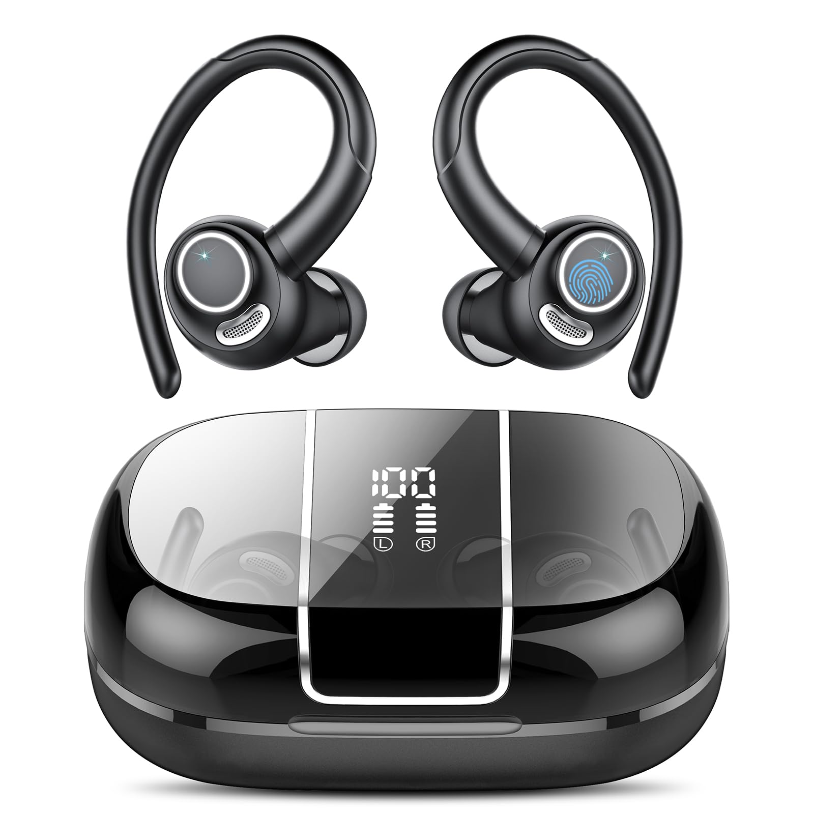 Wireless Earbuds Bluetooth 5.3 Headphones Sports, 48H Earphone with ENC Mic, Stereo Deep Bass Bluetooth Earbuds with Secure Earhooks, LED Display, IPX7 Waterproof Over Ear Buds for Running/Gym/Workout