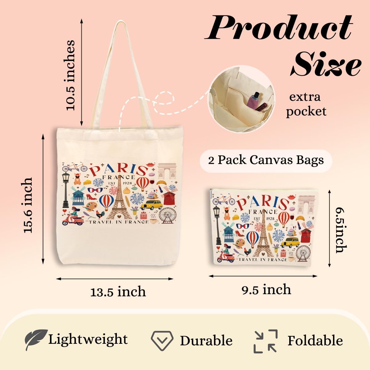 Paris Airplane Travel Gifts Cosmetic Makeup Bag Beach Canvas Tote Bag for Women Girls Christmas Birthday image 4