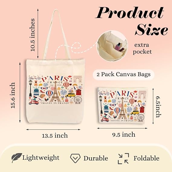 Paris Airplane Travel Gifts Cosmetic Makeup Bag Beach Canvas Tote Bag for Women Girls Christmas Birthday