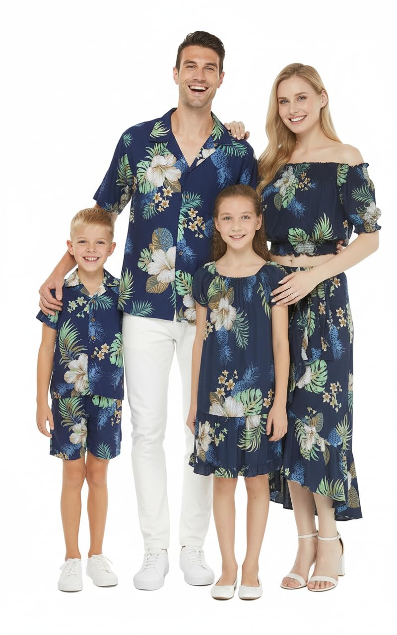 Matchable Family Hawaiian Luau Men Women Girl Boy Clothes in Pineapple Garden Navy