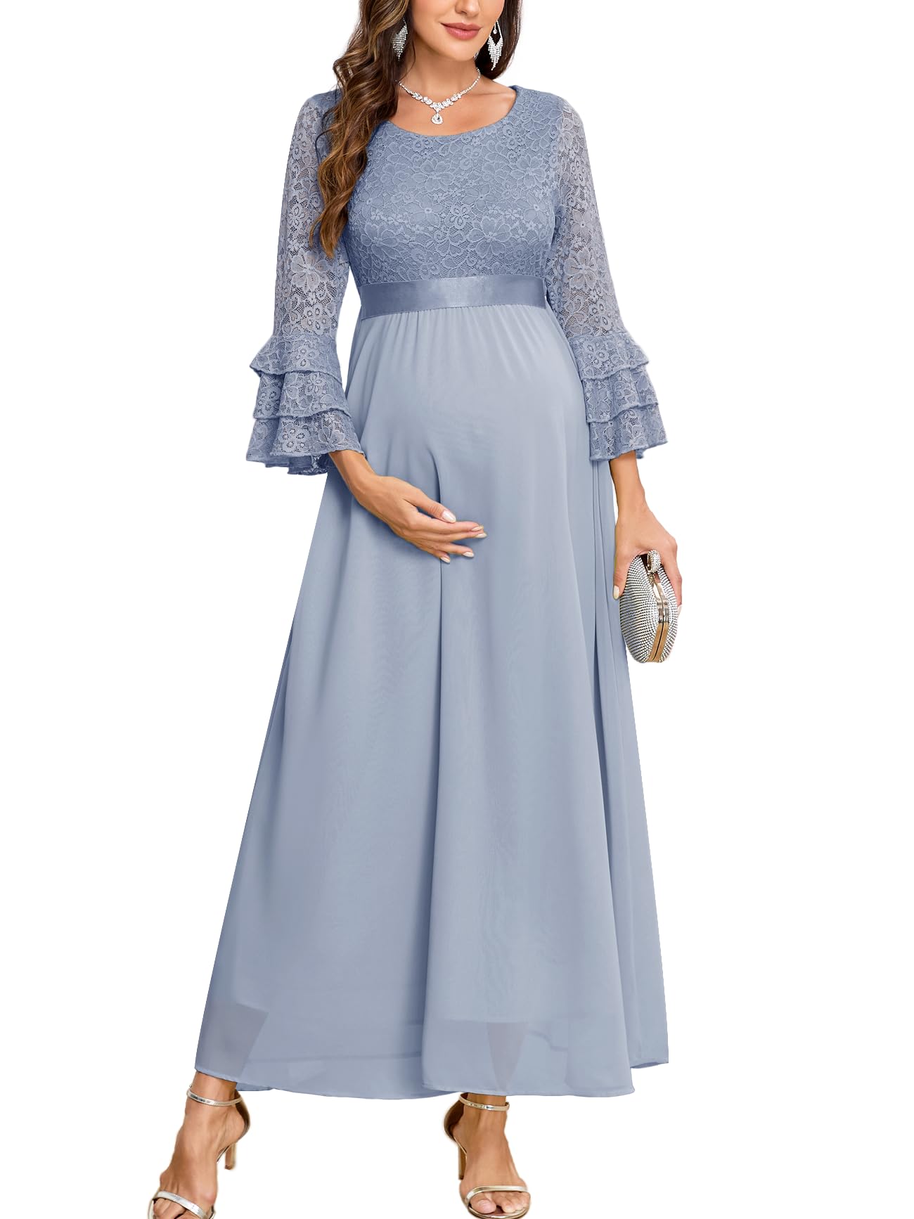 CYCLAMEN Floral Lace Maternity Maxi Dress Ruffle Bell Sleeves Crew Neck Elegant Chiffon Evening Gown Baby Shower Wedding