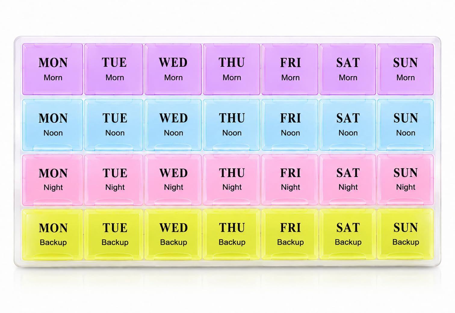 Avenique Weekly Pill Organiser Box with 28 Compartments, 7 Day Medicine Storage, Morning Noon Night Backup Slots, Portable Travel Organiser for Tablets, Capsules and Vitamins-image-38