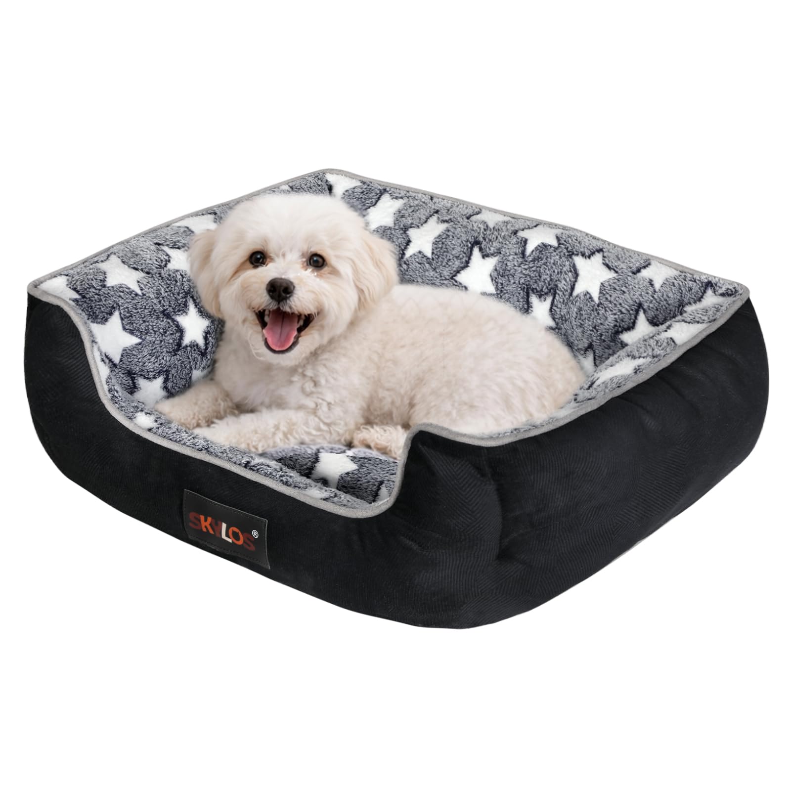 Skylos Dog Bed Small 63 x 53 x 21 cm, Soft Washable Puppy Bed with Raised Sides & Non Slip Base, Grey Star Pet Cushion