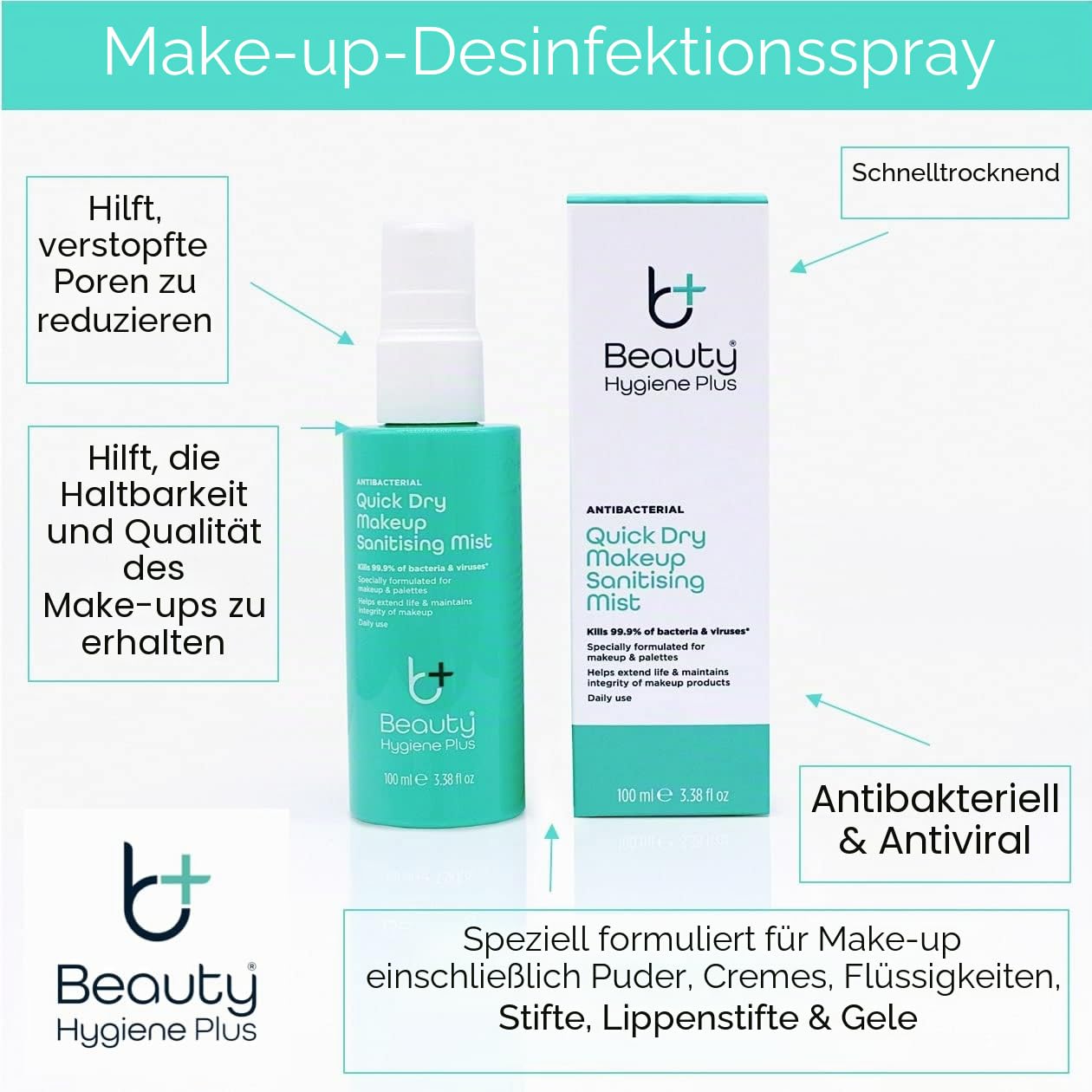 Make-up-Desinfektionsmittel, schnelltrocknend, antibakteriell, antiviral.