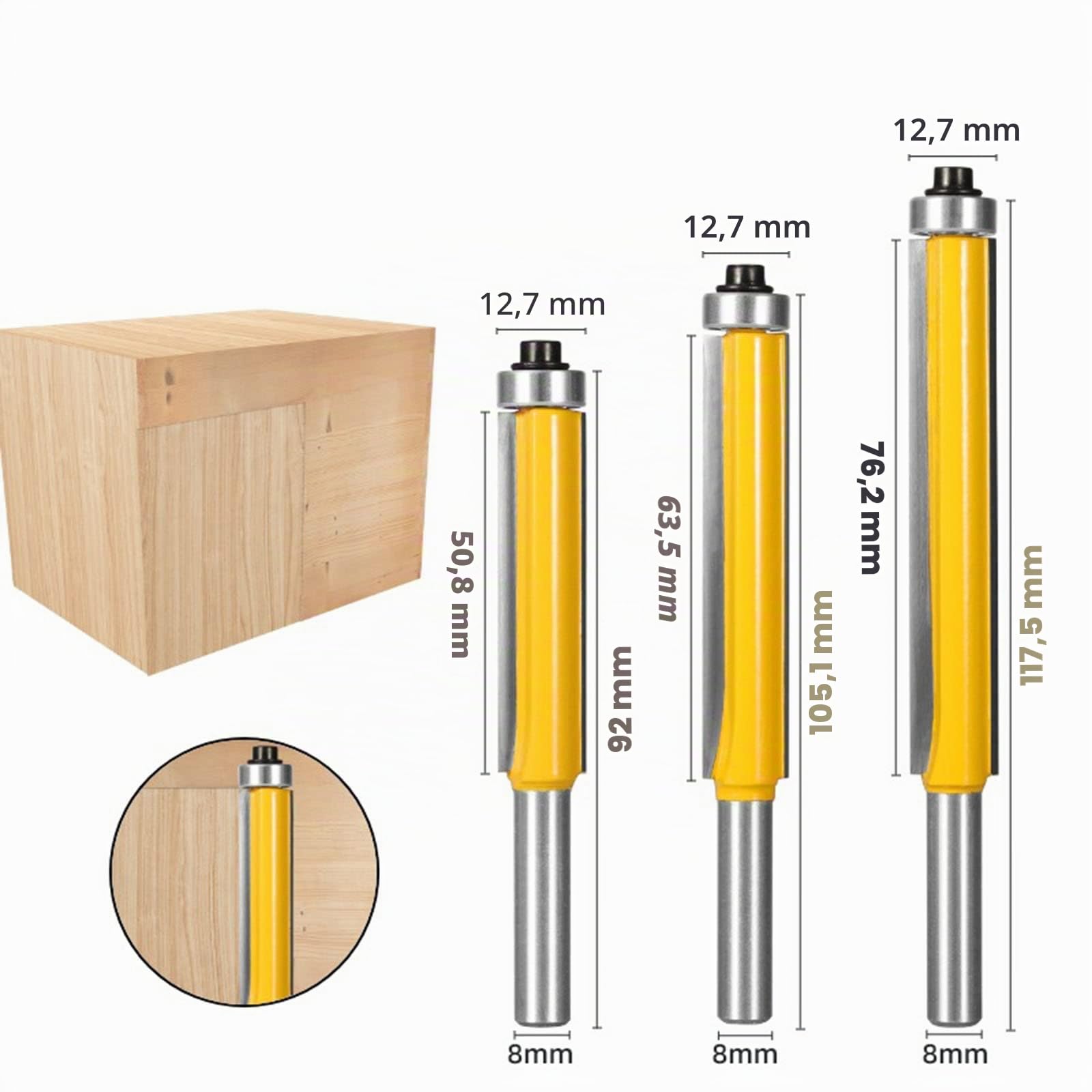 BIGP Set di 3 Fresa per Rifilare con Cuscinetto, Frese con gambo da 8 mm, Fresa a Taglienti Diritti, lama extra lunga e dritta, Fresa per Legno