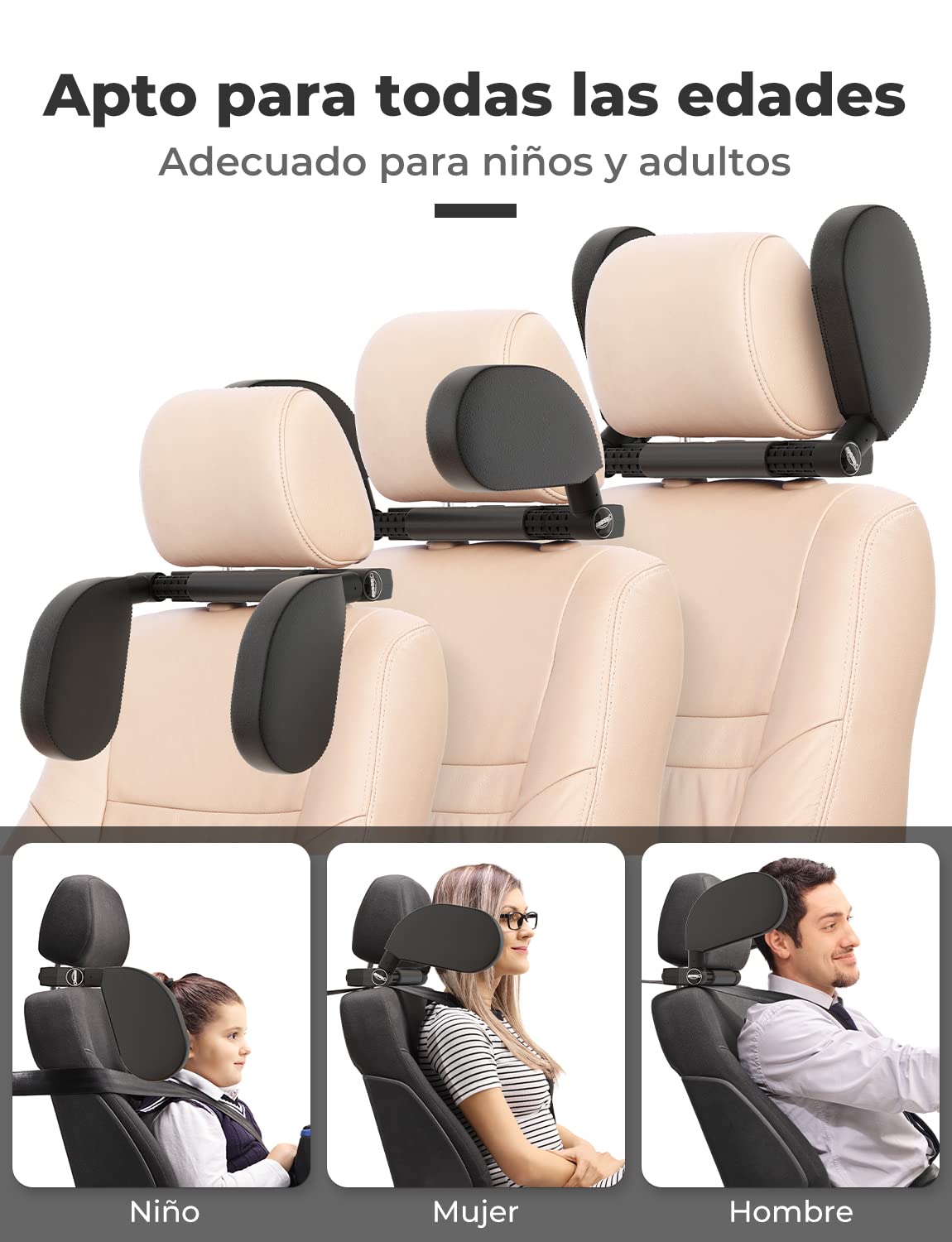 Oasser Reposacabezas Coche Reposacabezas Coche Niño 360 Grados Ajustable de Cuero Transpirable Apoya Cabeza Coche para Adultos Niño Negro — view 3