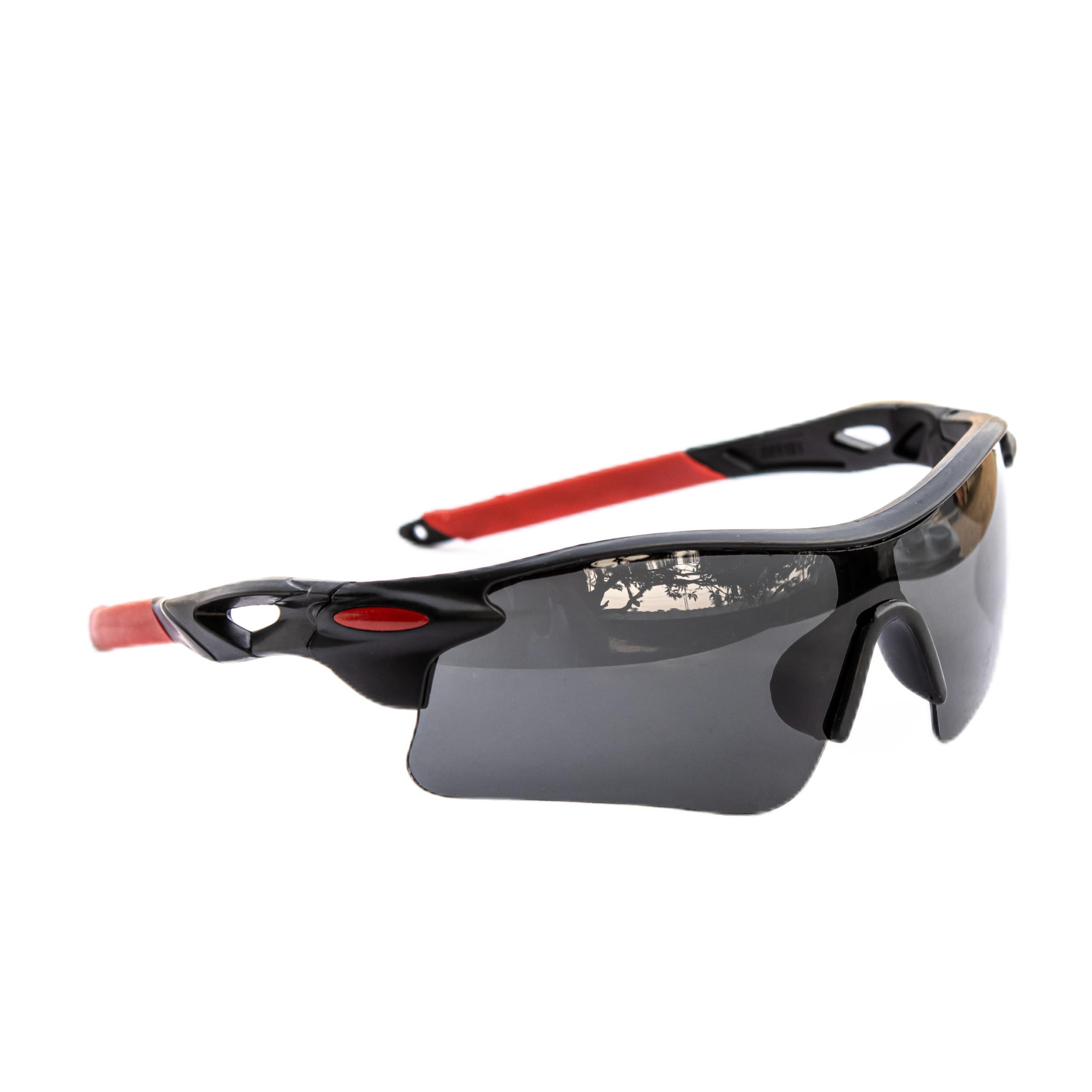 sports sunglasses with smoke lens, black and red frame