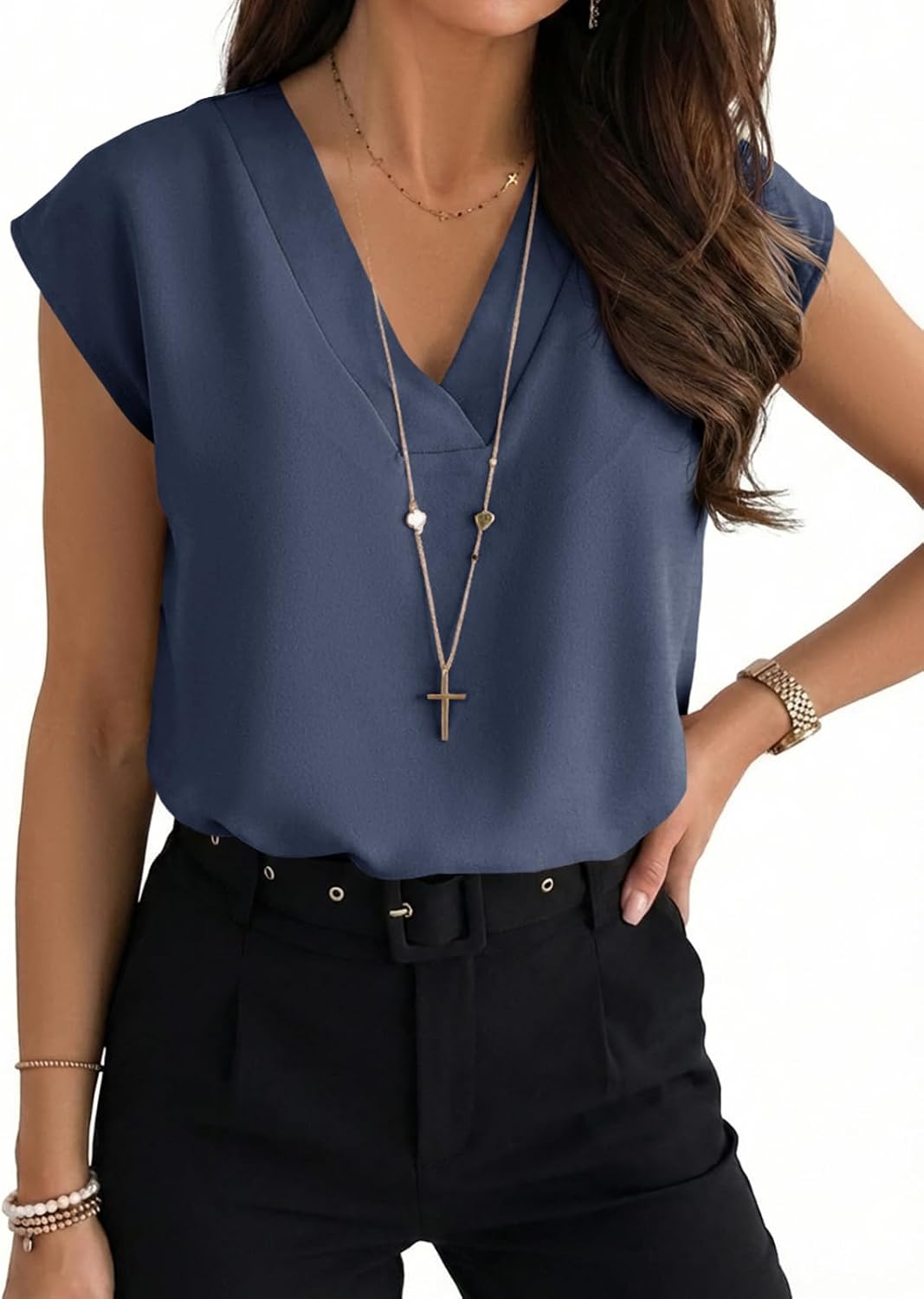 Lynwitkui Women's V Neck Chiffon Blouses Work Office Cap Sleeve Shirts Tops image 2