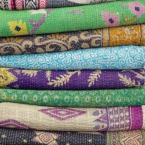 Lavish Indian Art 5 Pieces Mix Lot of Indian Kantha Quilts Cotton Bed Cover Throw Old Sari Made Assorted Patches Made Blanket