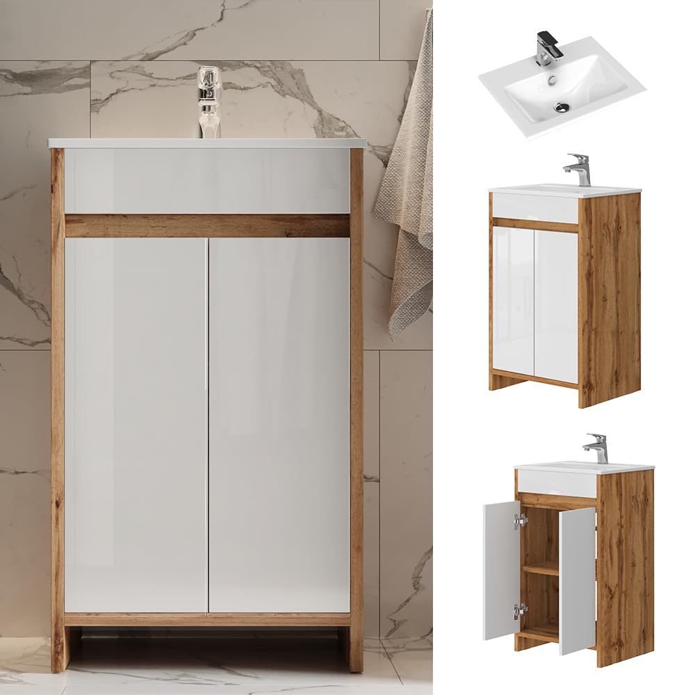Vicco Set mobili bagno Lemgo, Rovere dorato, 49 cm, composto da mobile sottolavabo e lavabo