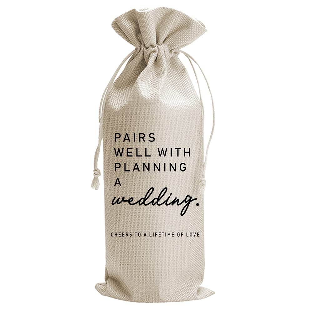 Pairs Well With Planning a Wedding Wine Bag, Engagement, Funny Personalized Burlap Drawstring Wine Bag for Friend Newlyweds, Wedding Party Decorations