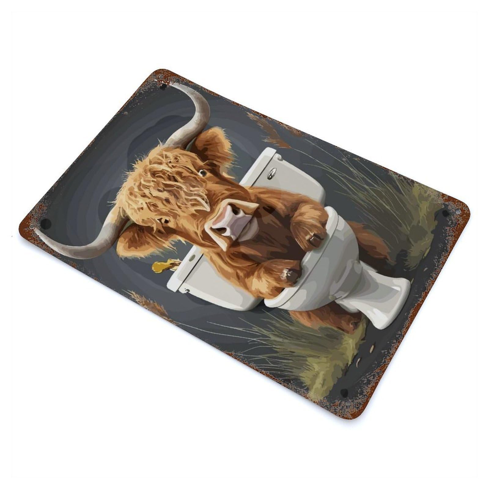 Weathered Tin Sign with Highland Cow on The Toilet Design 11.8"x7.9", for Shed, Workshop And Garage Wall Decor, Decorative Metal Wall Art
