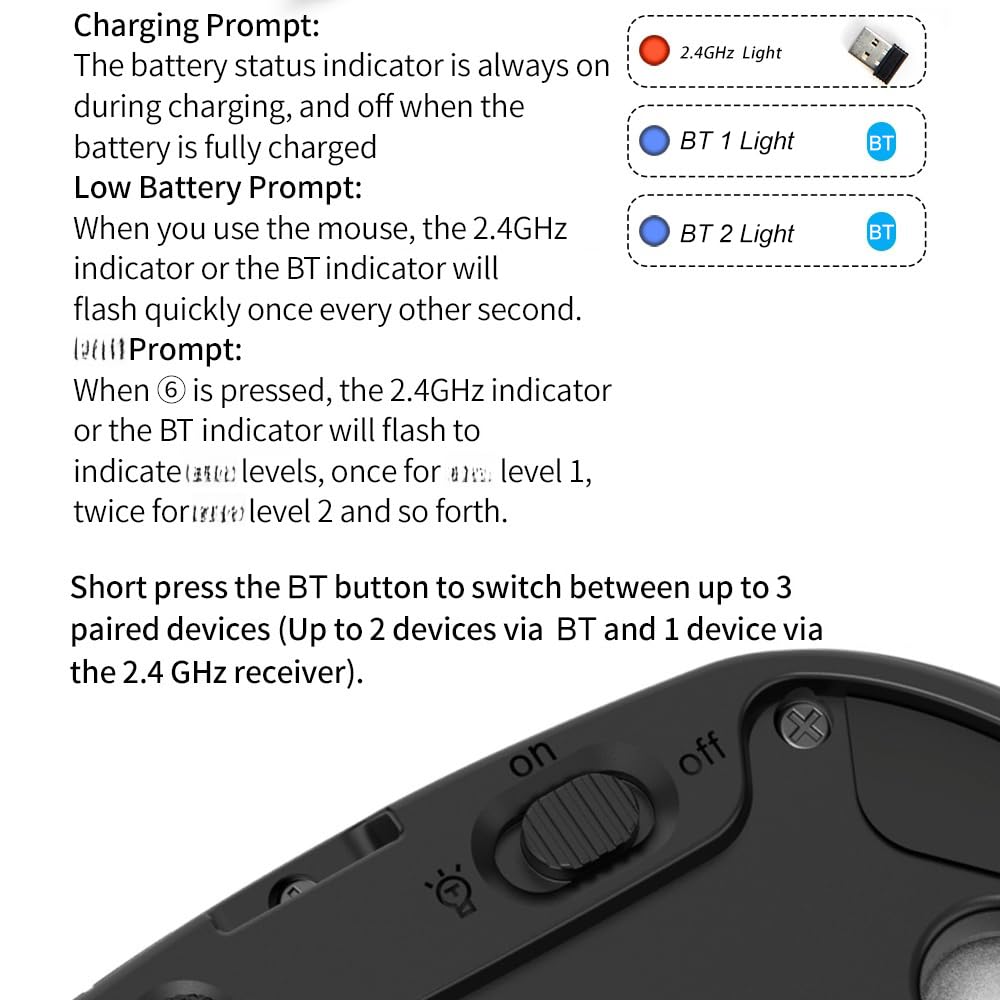 docooler Ratón inalámbrico para juegos F-33 Ratón silencioso BT/2.4G con tres modos de 8 botones con luces LED Ratón ergonómico recargable para ordenador portátil